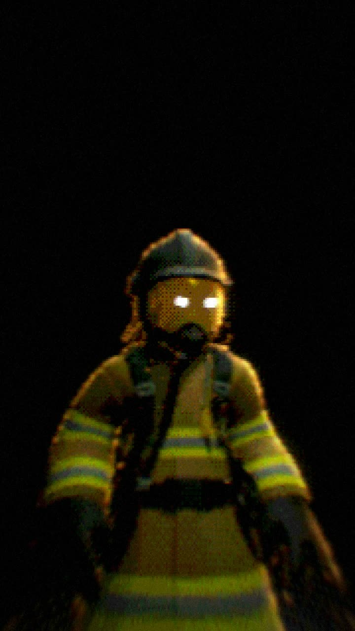 Firefighter in BA set, eyes glowing behind the visor